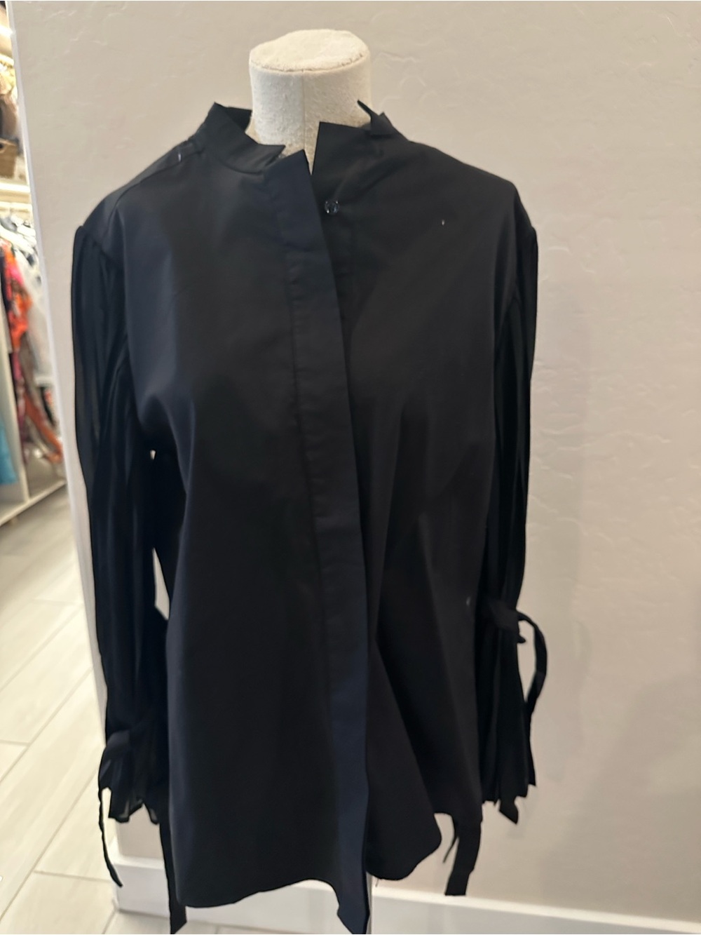 Black Tie-Cuff Mandarin Collar Blouse - NWOT